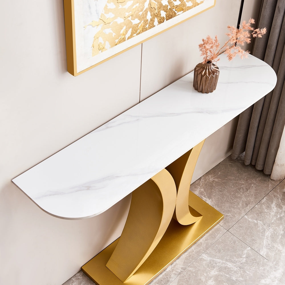 Elegant Gold X Leg Console Table with Smooth White Marble Top