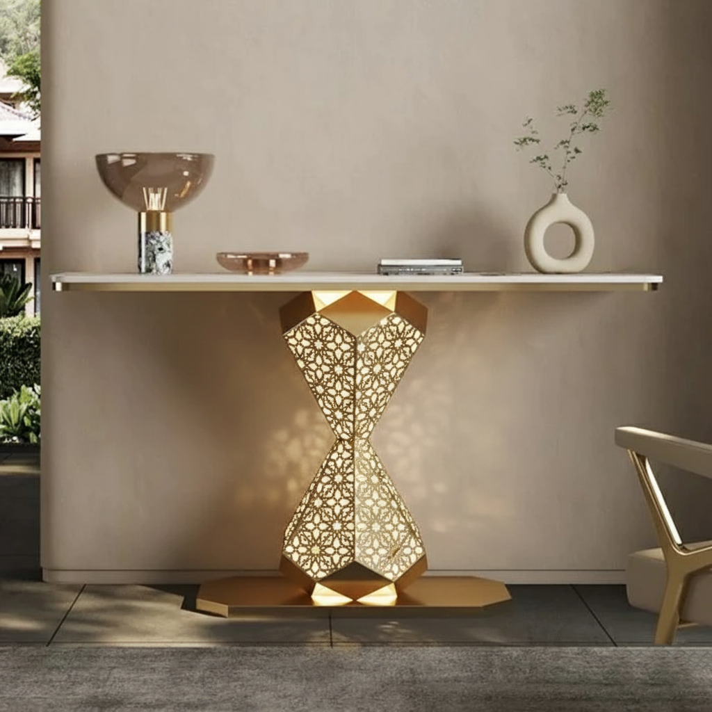 Elegant Gold LED Console Table with Smooth White Marble Top