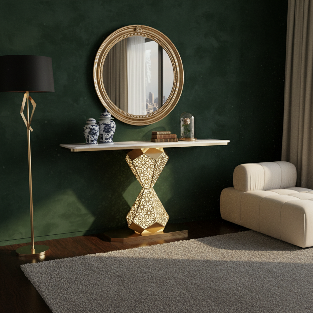 Elegant Gold LED Console Table with Smooth White Marble Top (SS 302)
