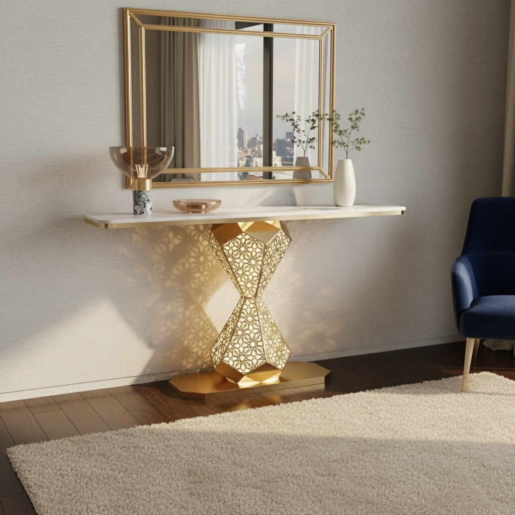 Elegant Gold LED Console Table with Smooth White Marble Top (SS 302)