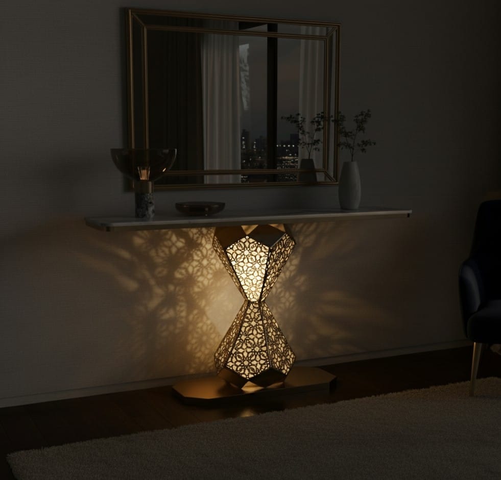 Elegant Gold LED Console Table with Smooth White Marble Top (SS 302)