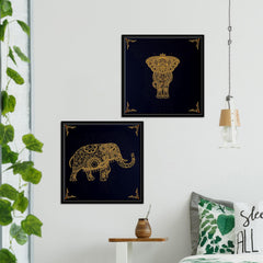 Madhubani Art Elephant Canvas Wall Painting of Two Pieces Floating Frame