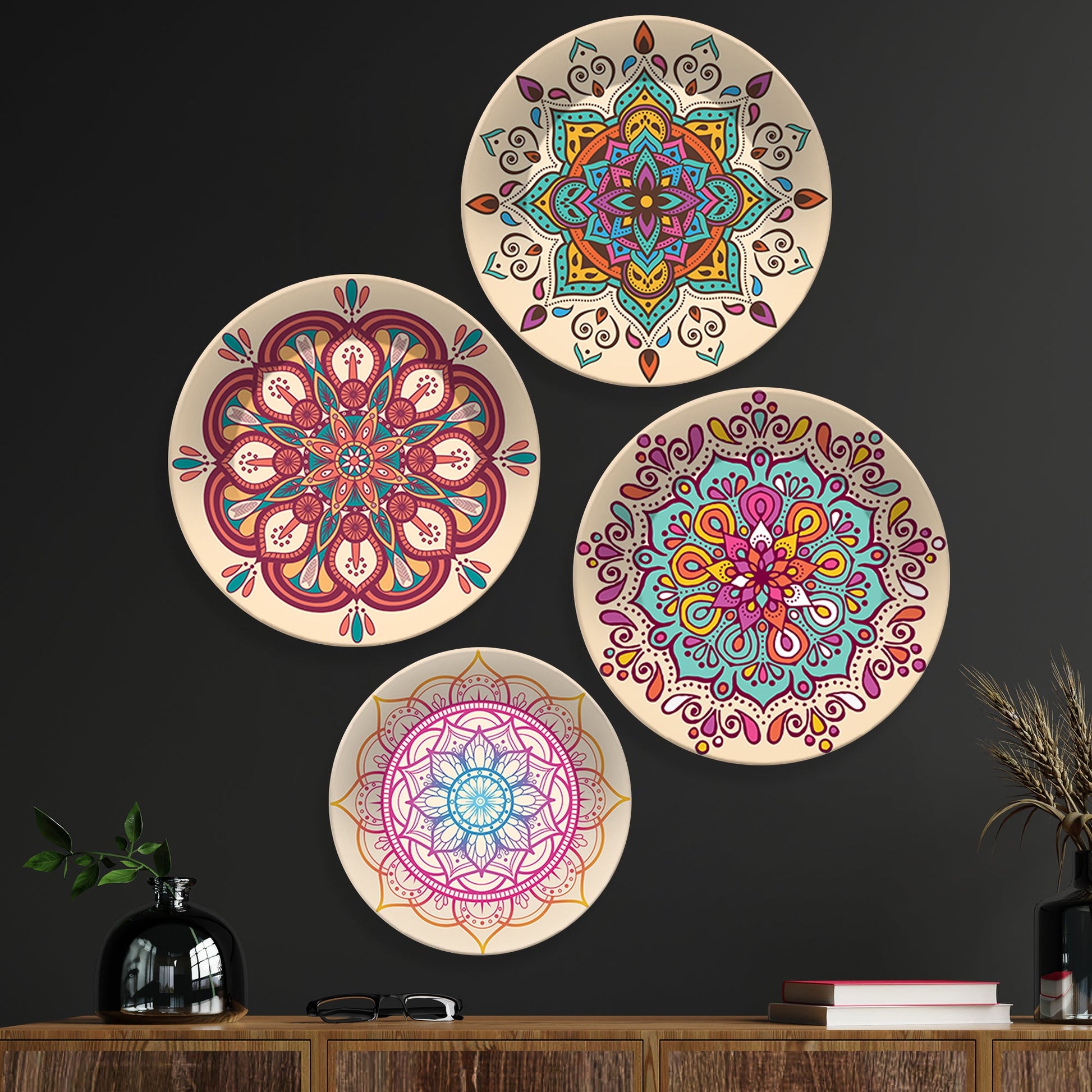 Mandala Pattern Ceramic Wall Plates Painting Set of Four