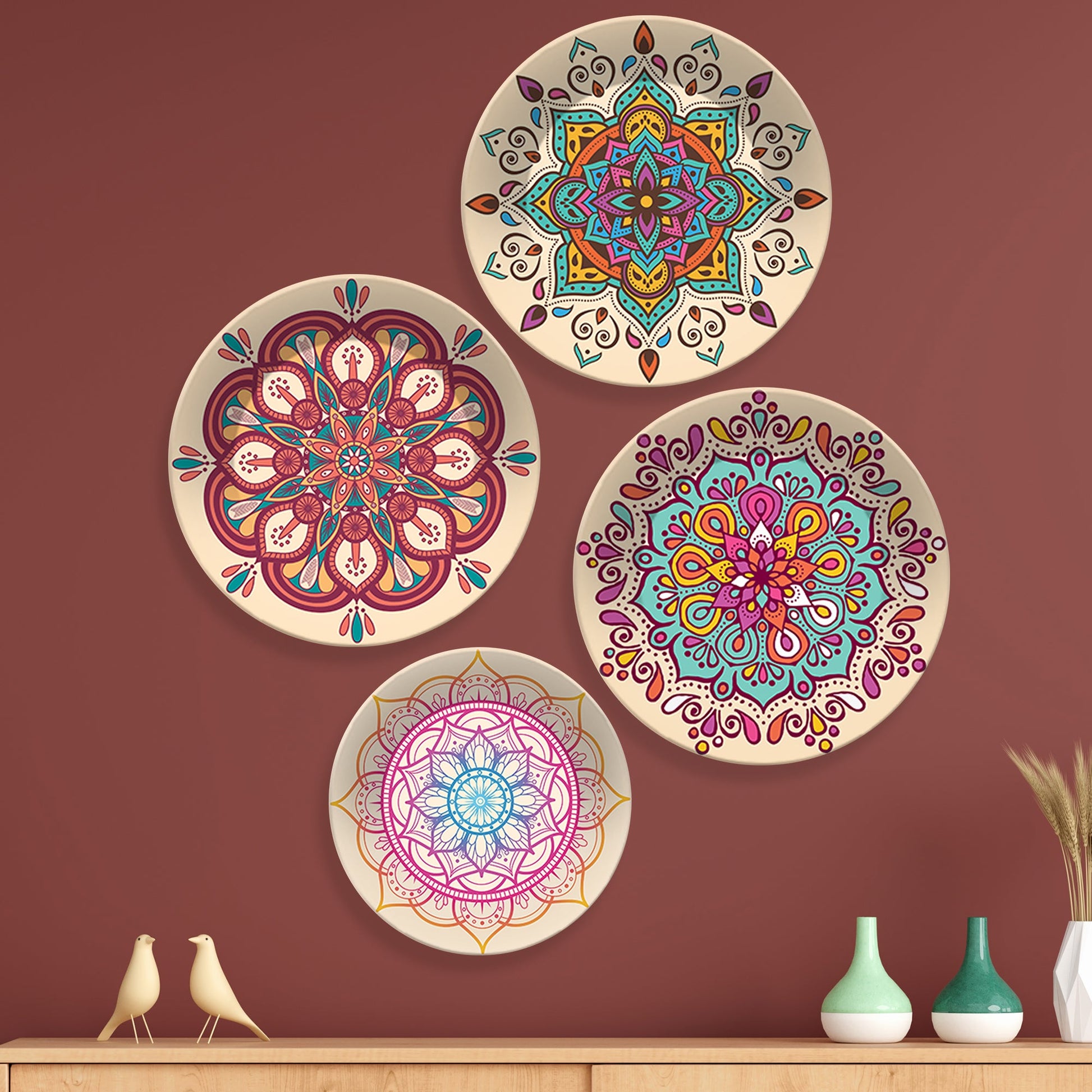 Mandala Pattern Ceramic Wall Plates Painting Set of Four