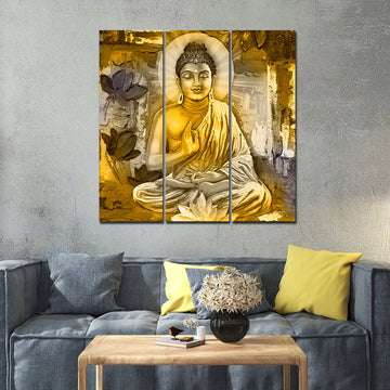 Meditating Lord Buddha Wall Painting Three Pieces