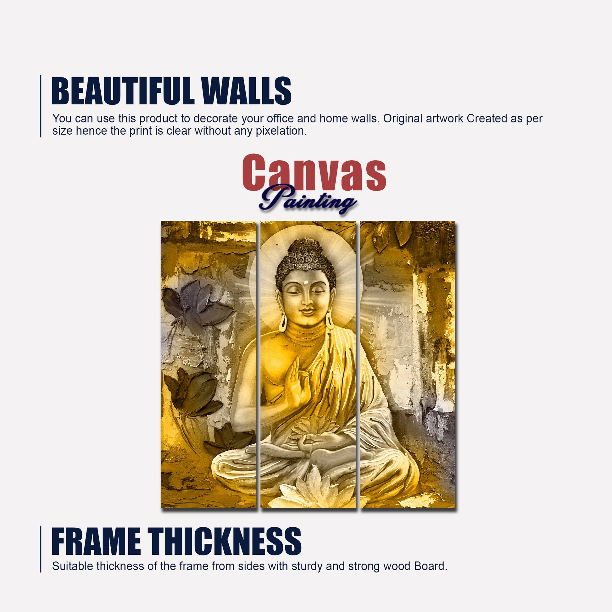 Meditating Lord Buddha Wall Painting Three Pieces