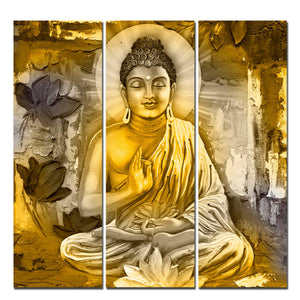 Meditating Lord Buddha Wall Painting Three Pieces