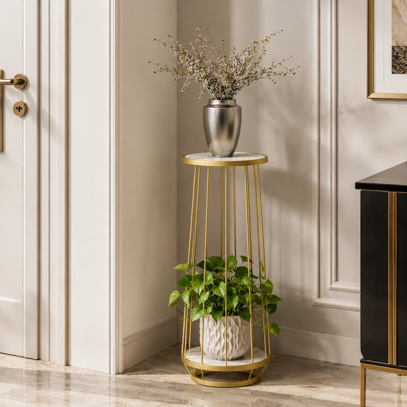 Modern Gold Metal Plant Stand with Marble Shelves