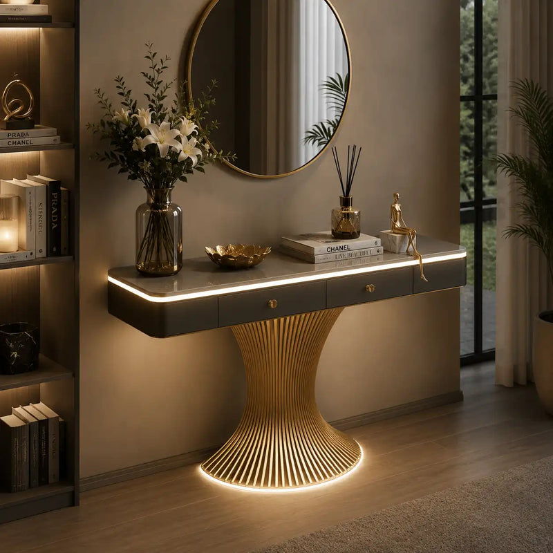 Modern Marble Console Table with LED Lighting | Luxury Gold Base Entryway Decor (SS 302)