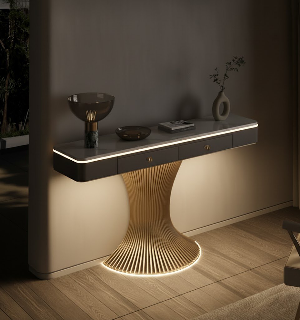 Modern Marble Console Table with LED Lighting | Luxury Gold Base Entryway Decor (SS 302)