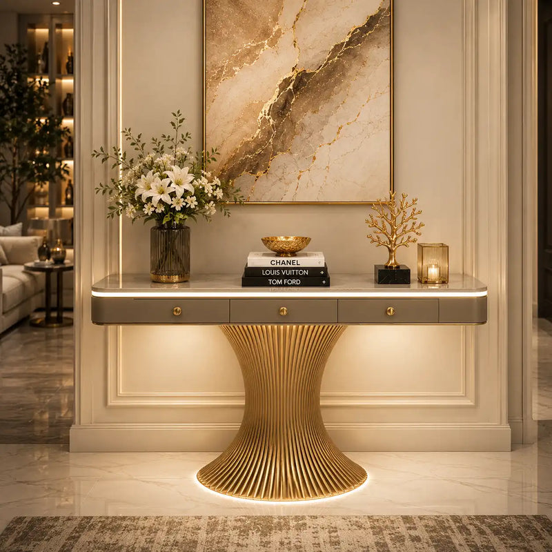 Modern Marble Console Table with LED Lighting | Luxury Gold Base Entryway Decor (SS 302)