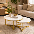 Modern Nesting Coffee Table Set of 2 with White Marble Top & Gold Metal Frame