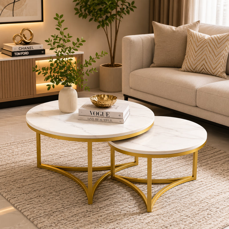 Modern Nesting Coffee Table Set of 2 with White Marble Top & Gold Metal Frame