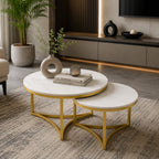 Modern Nesting Coffee Table Set of 2 with White Marble Top & Gold Metal Frame