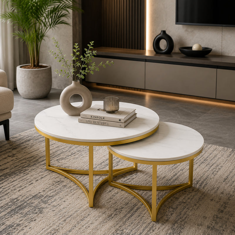 Modern Nesting Coffee Table Set of 2 with White Marble Top & Gold Metal Frame