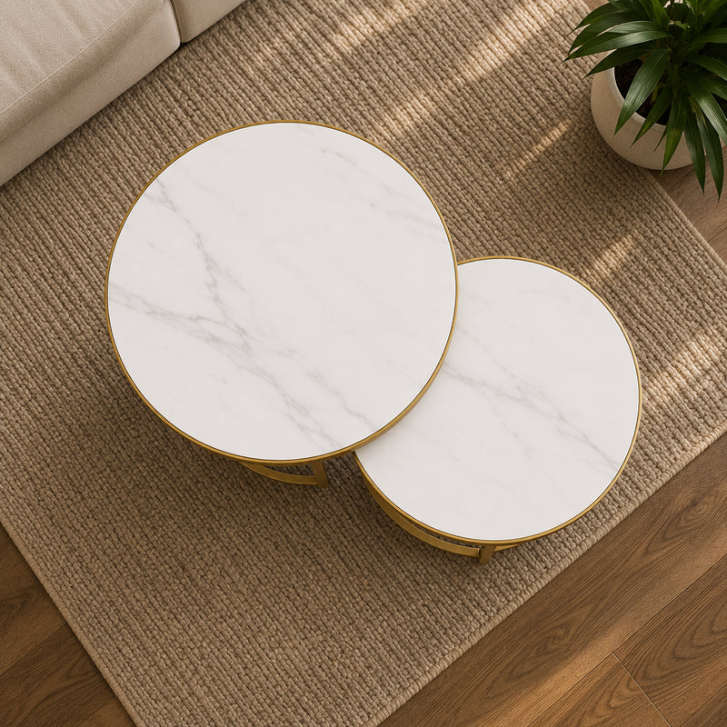Modern Nesting Coffee Table Set of 2 with White Marble Top & Gold Metal Frame