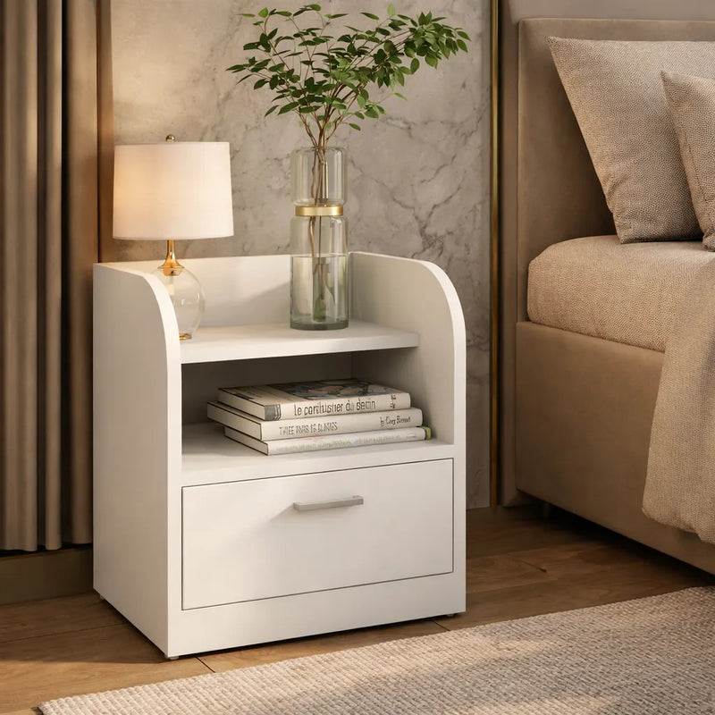 Modern Bedside Table with Drawer & Open Shelf
