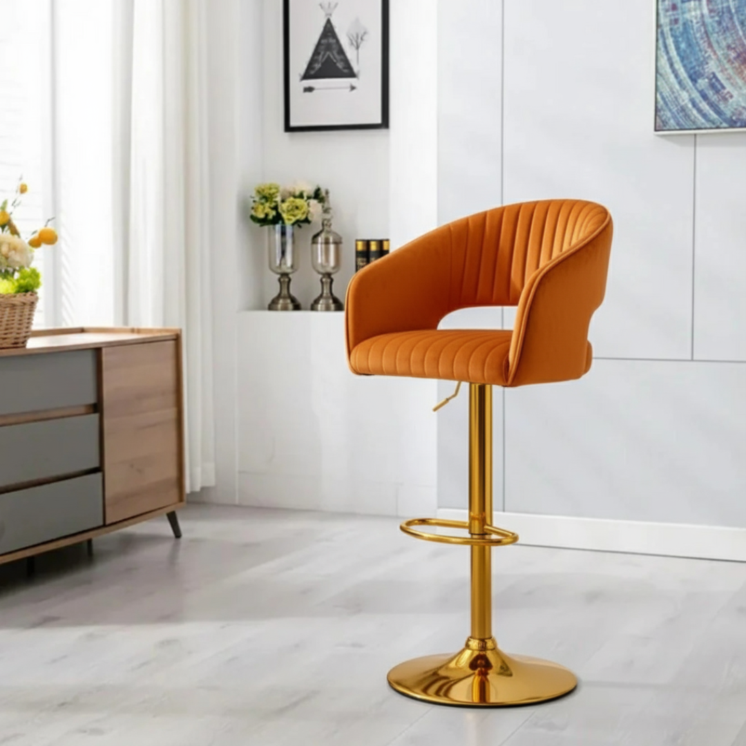 Modern Grey Velvet Bar Stool with Golden Chrome Base