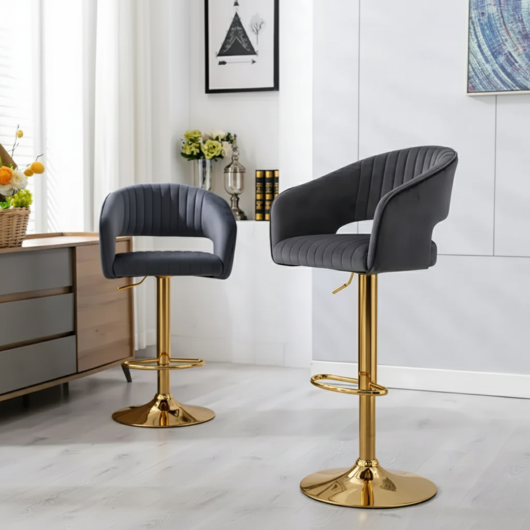 Modern Grey Velvet Bar Stool with Golden Chrome Base