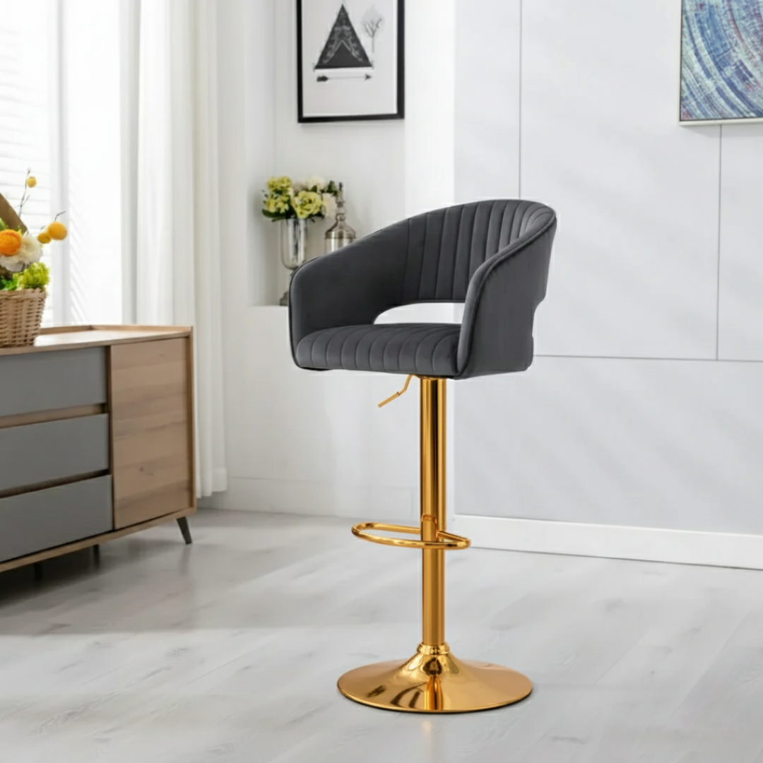 Modern Grey Velvet Bar Stool with Golden Chrome Base