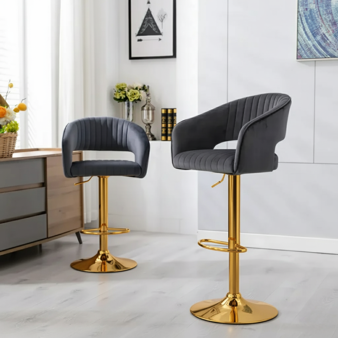 Modern Grey Velvet Bar Stool with Golden Chrome Base