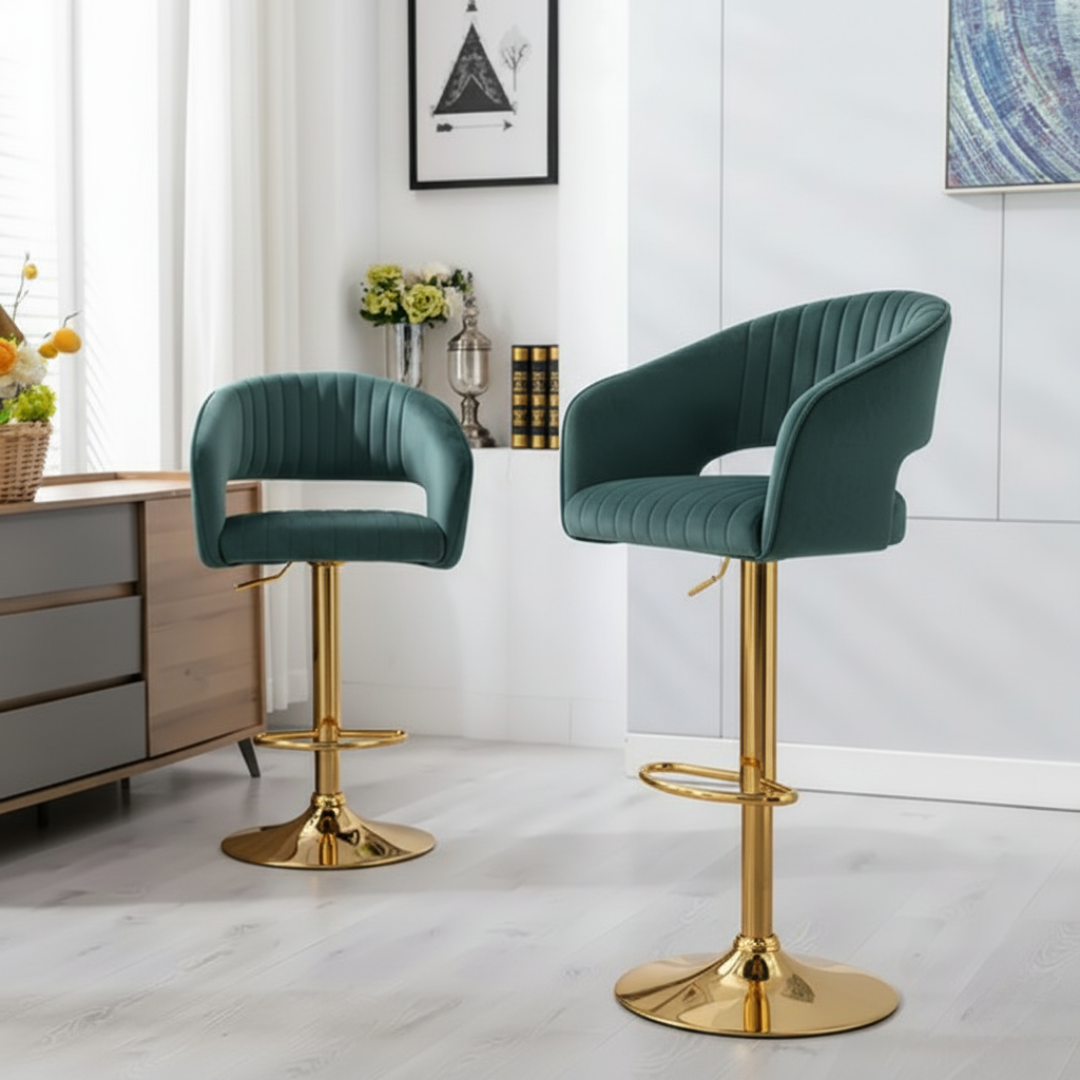 Modern Grey Velvet Bar Stool with Golden Chrome Base