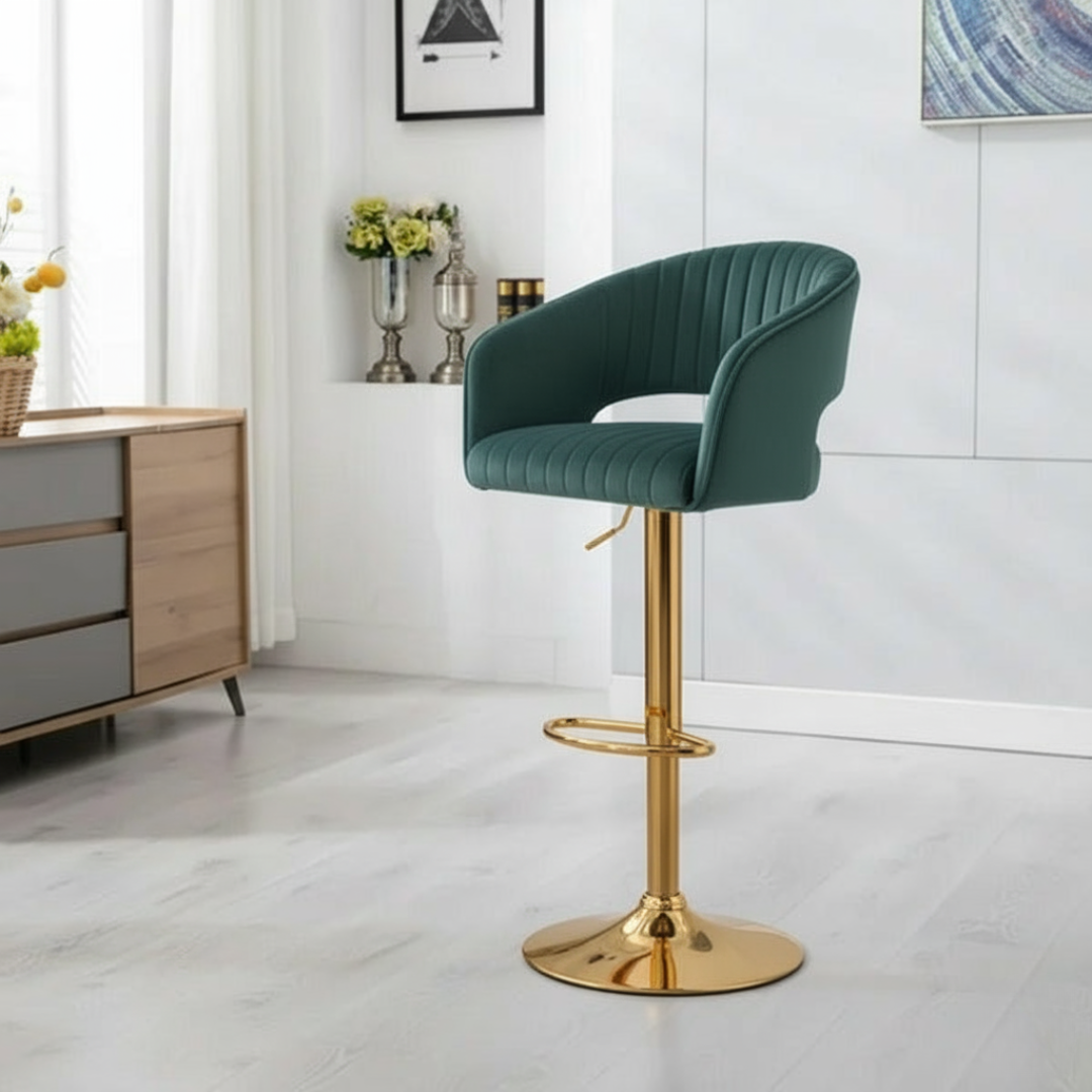 Modern Grey Velvet Bar Stool with Golden Chrome Base