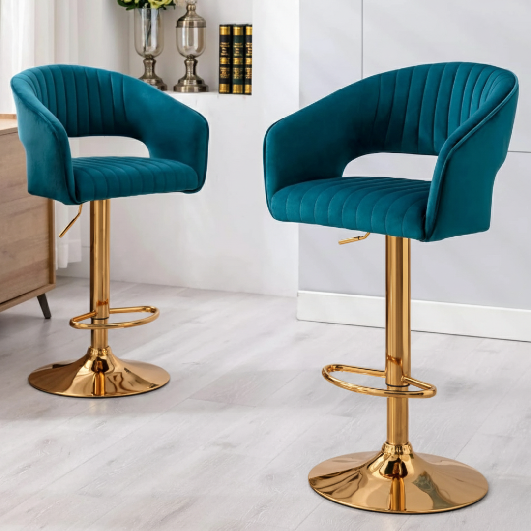 Modern Grey Velvet Bar Stool with Golden Chrome Base