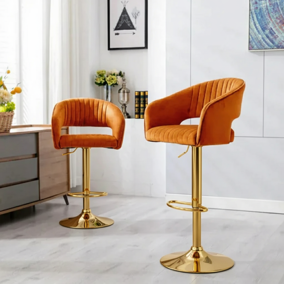 Modern Grey Velvet Bar Stool with Golden Chrome Base