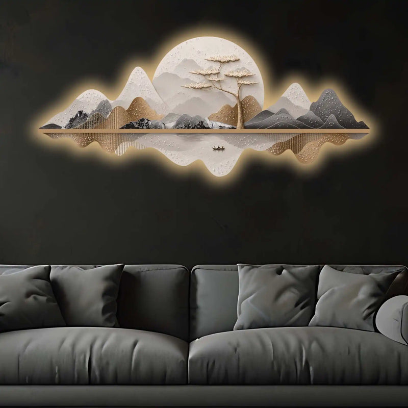 Moonlit Mountain Voyage Premium Crystal Glass Backlit LED Painting
