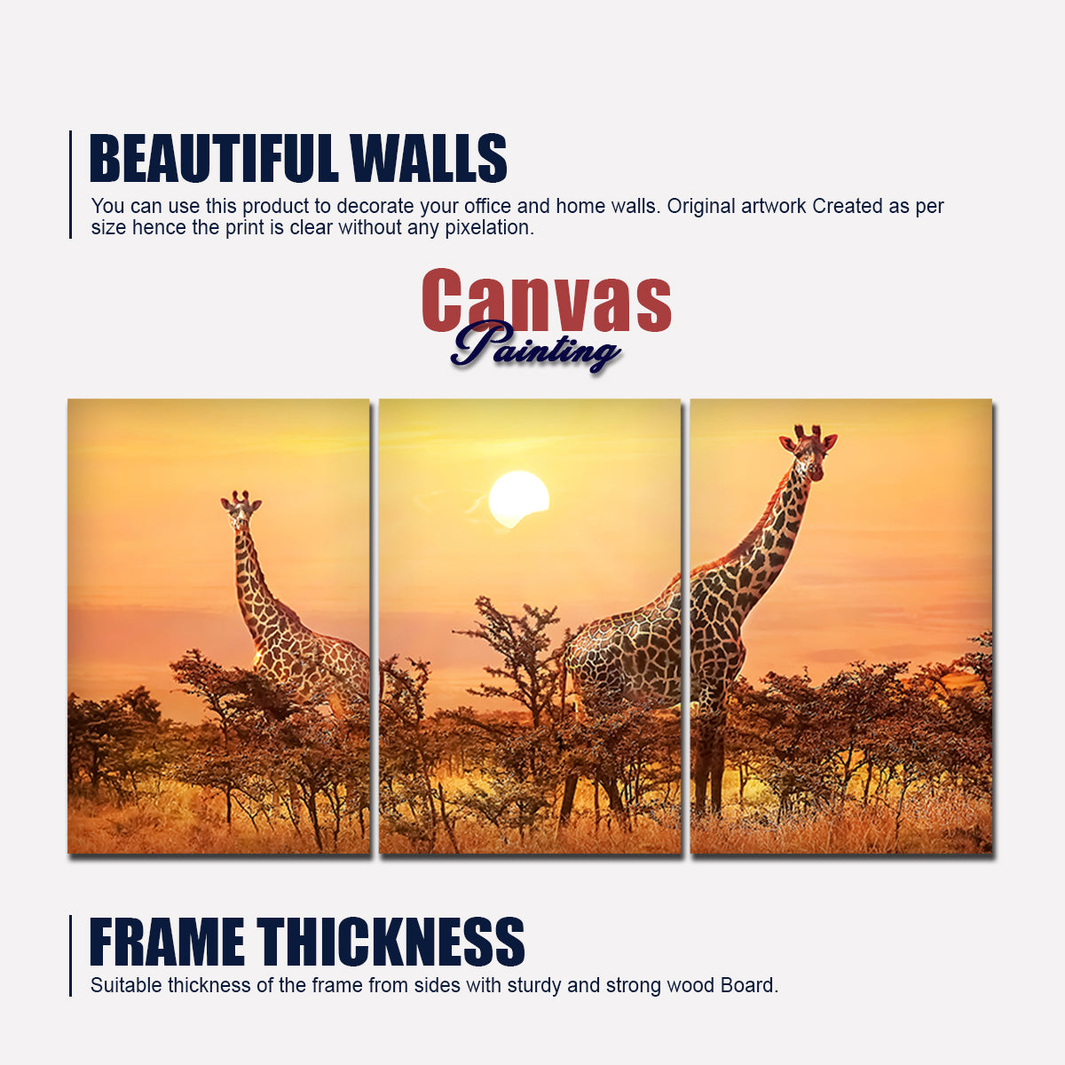 A Beautiful 3 Pieces Wall Painting of Giraffes Sunset in Background