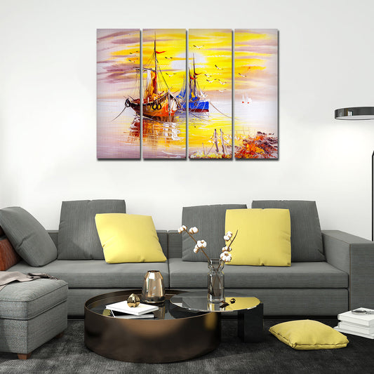 Colorful Boats 4 Pieces Canvas Wall Painting