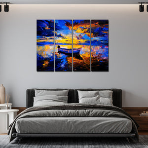 Abstract Boat in Sunset Background Premium 4 Pieces Wall Painting