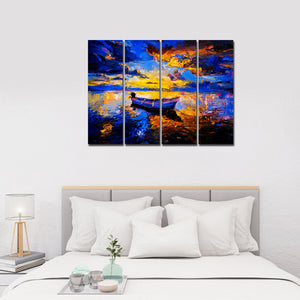 Abstract Boat in Sunset Background Premium 4 Pieces Wall Painting