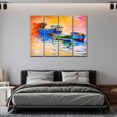 A Beautiful Boat in Sunset Background Wall Painting of 4 Pieces