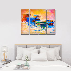 A Beautiful Boat in Sunset Background Wall Painting of 4 Pieces