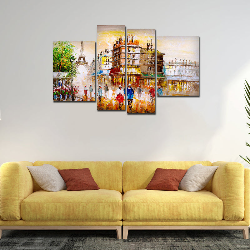 Beautiful Street View of Paris 4 Pieces Canvas Wall Painting