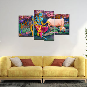 Premium Wall Painting of 4 Pieces Lord Krishna Playing Flute in the Forest