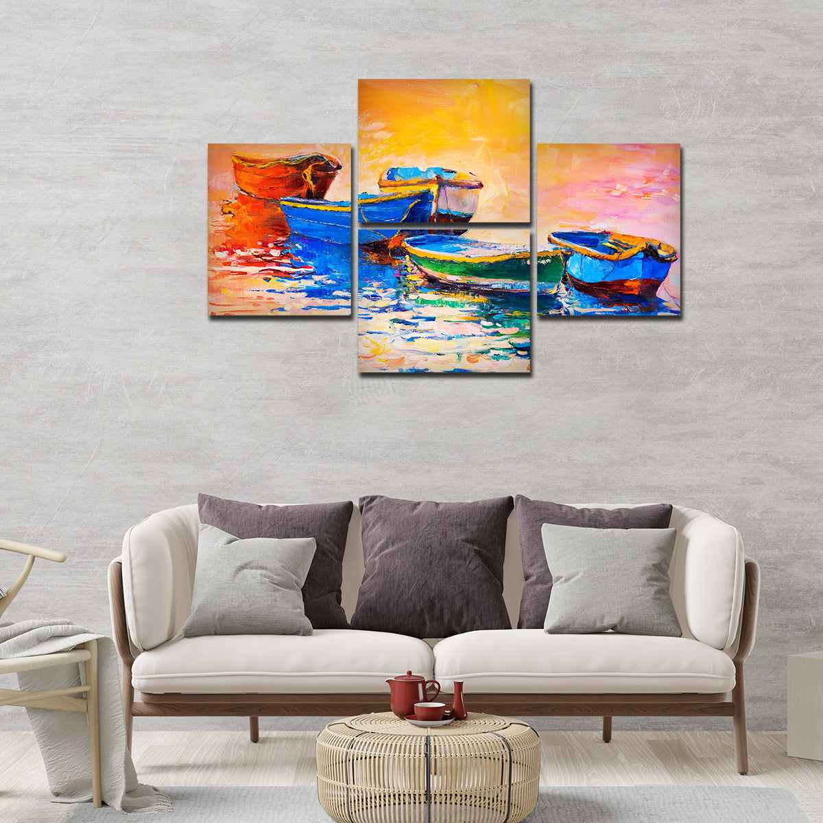 Boats and Sunset 4 Pieces Canvas wall Painting