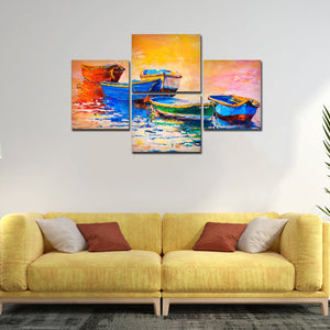 Boats and Sunset 4 Pieces Canvas wall Painting