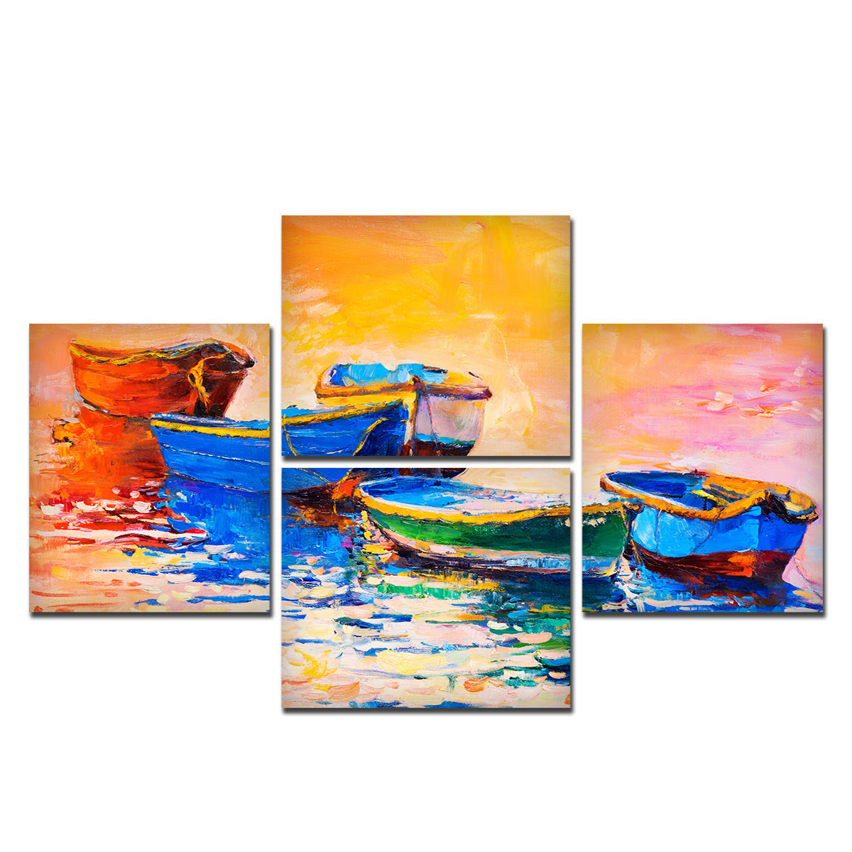 Boats and Sunset 4 Pieces Canvas wall Painting