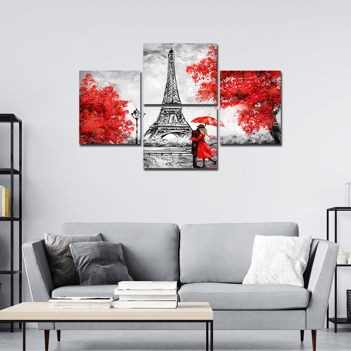 Premium 4 Pieces Wall Painting of Couple Under an Umbrella on Eiffel Tower Street