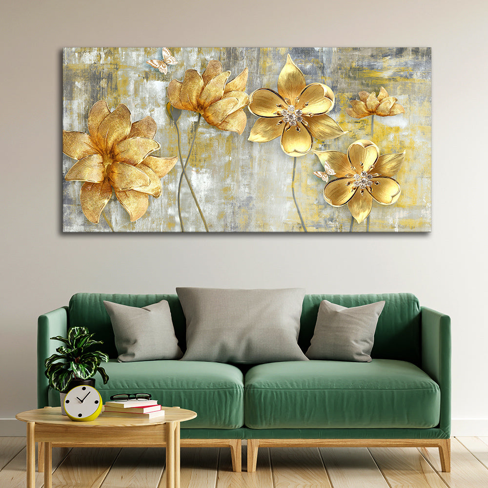 Golden Flowers Abstracts Art Premium Canvas Wall Painting