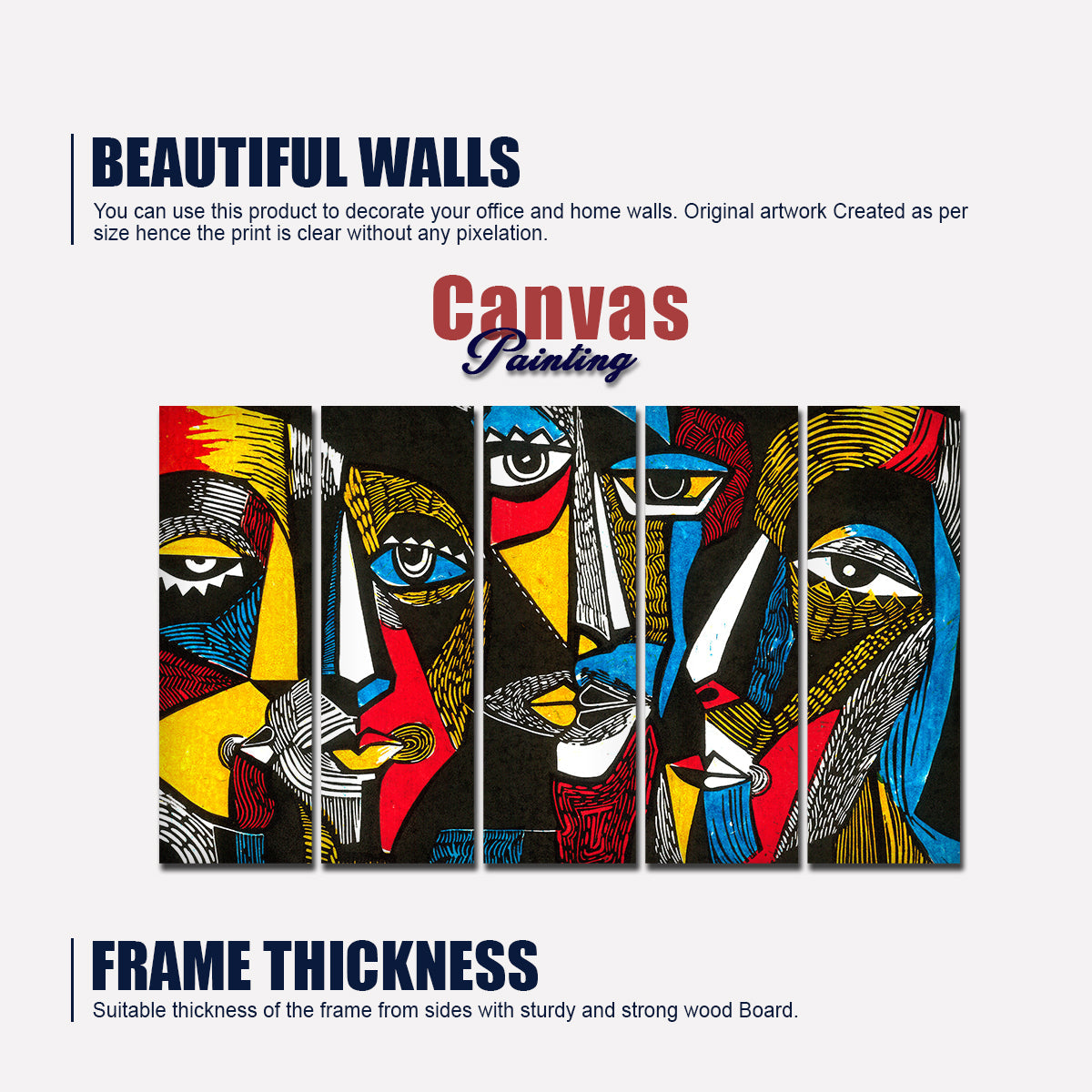 Colorful Abstract Faces 5 Pieces Premium Wall Painting