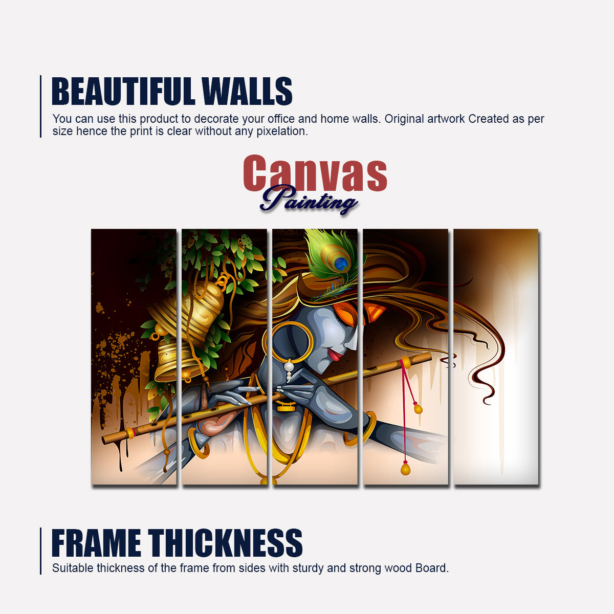 Lord Krishna Playing Bansuri Canvas Wall Painting of 5 Pieces