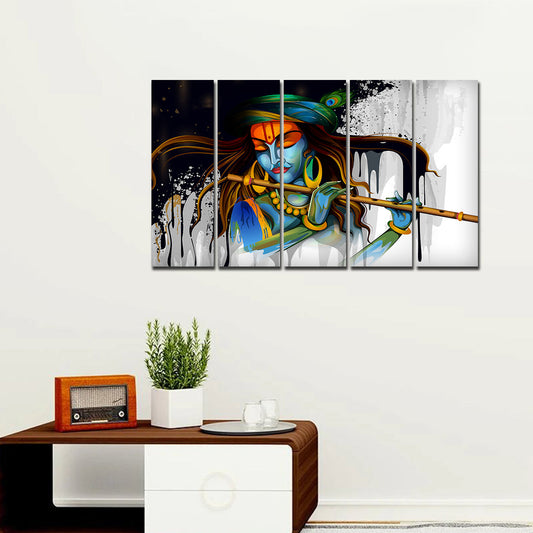 Premium Wall Painting of 5 Pieces Lord Krishna Playing Flute