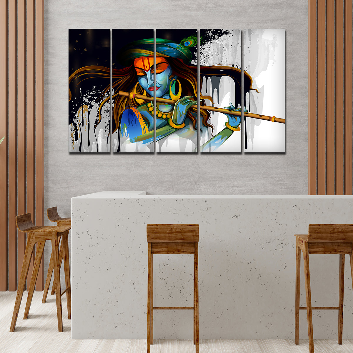 Premium Wall Painting of 5 Pieces Lord Krishna Playing Flute