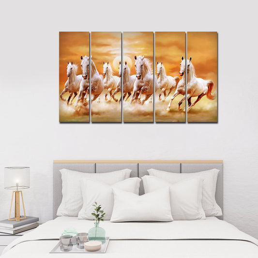 White Running Horses 5 Pieces Canvas Wall Painting