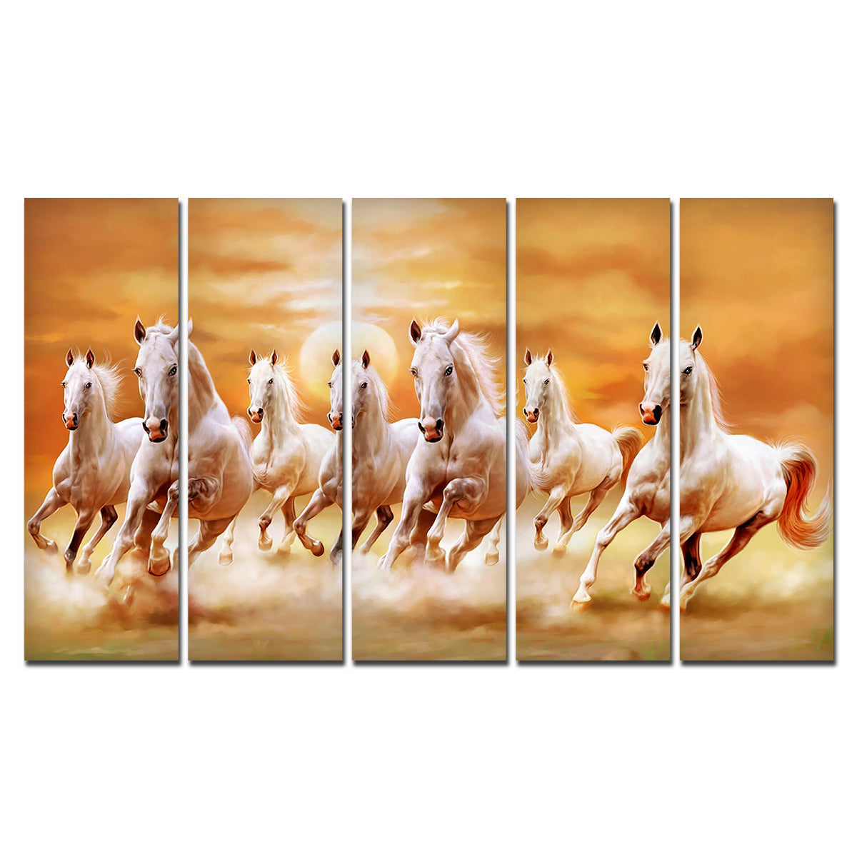 White Running Horses 5 Pieces Canvas Wall Painting