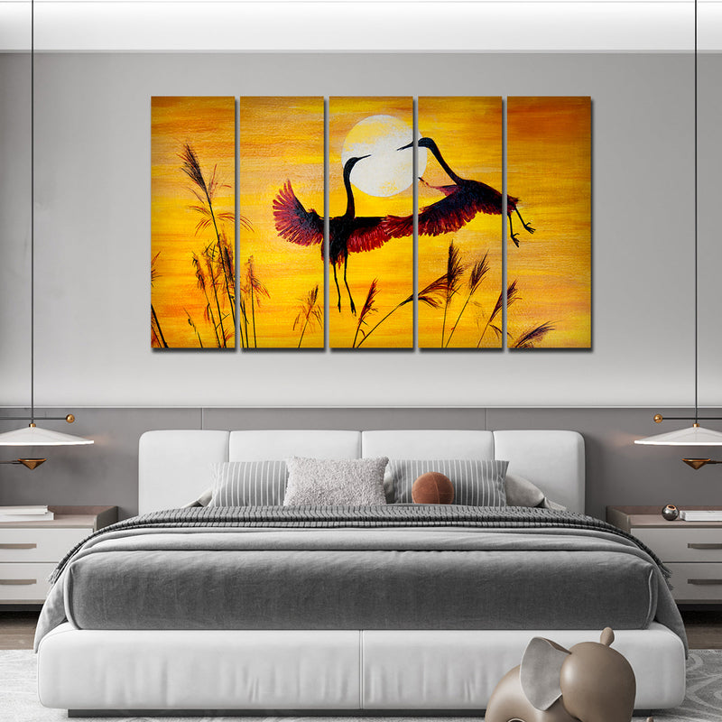 Beautiful Pair of Cranes Flying 5 Pieces of Premium Wall Painting
